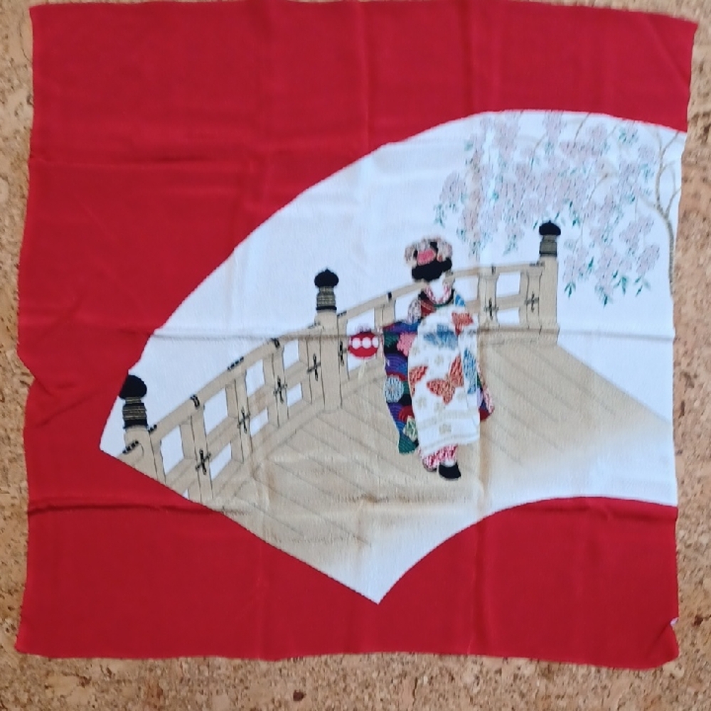 Japanese Ukiyoe Geisha Design Red Chirimen Furoshiki Wrapping Cloth IOB